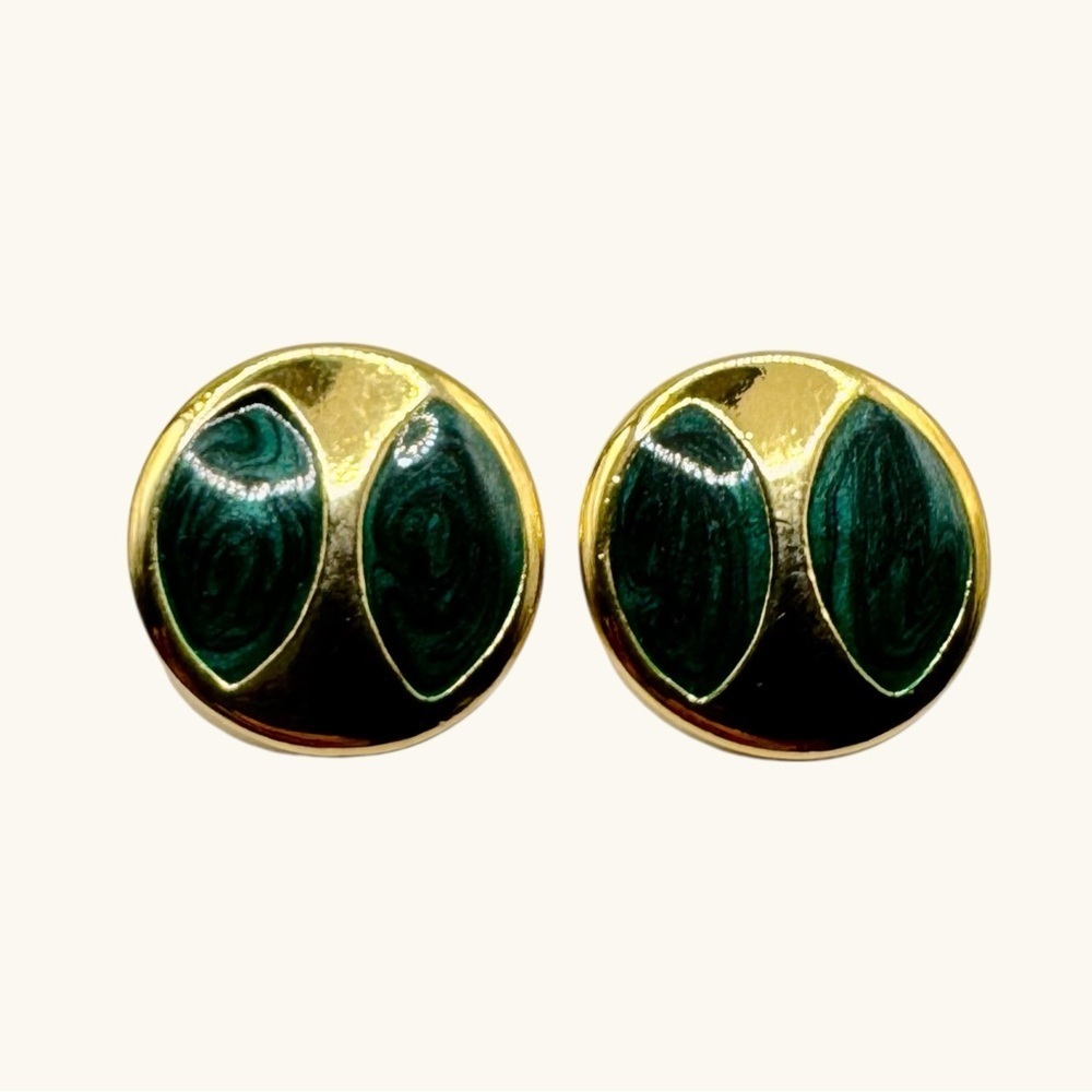 Vintage Green Enamel Gold Tone Round Stud Earrings | Retro Modern - Picture 3 of 8